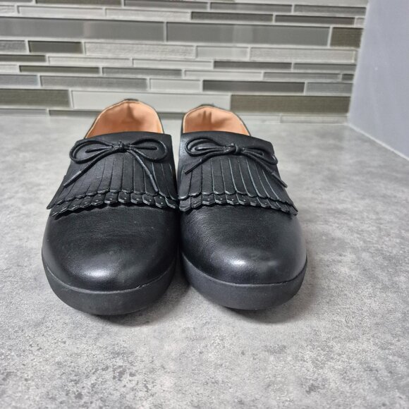 8.5 Fitflop Black Leather Fringed Kiltie Loafers - Picture 3 of 9